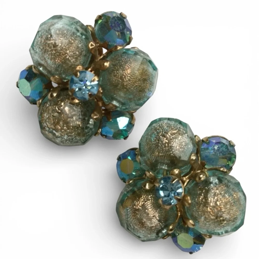 Reserved -Vintage Signed VOGUE Cluster Earrings Gold Tone, Blue & AB Rhinestones - Picture 5 of 12